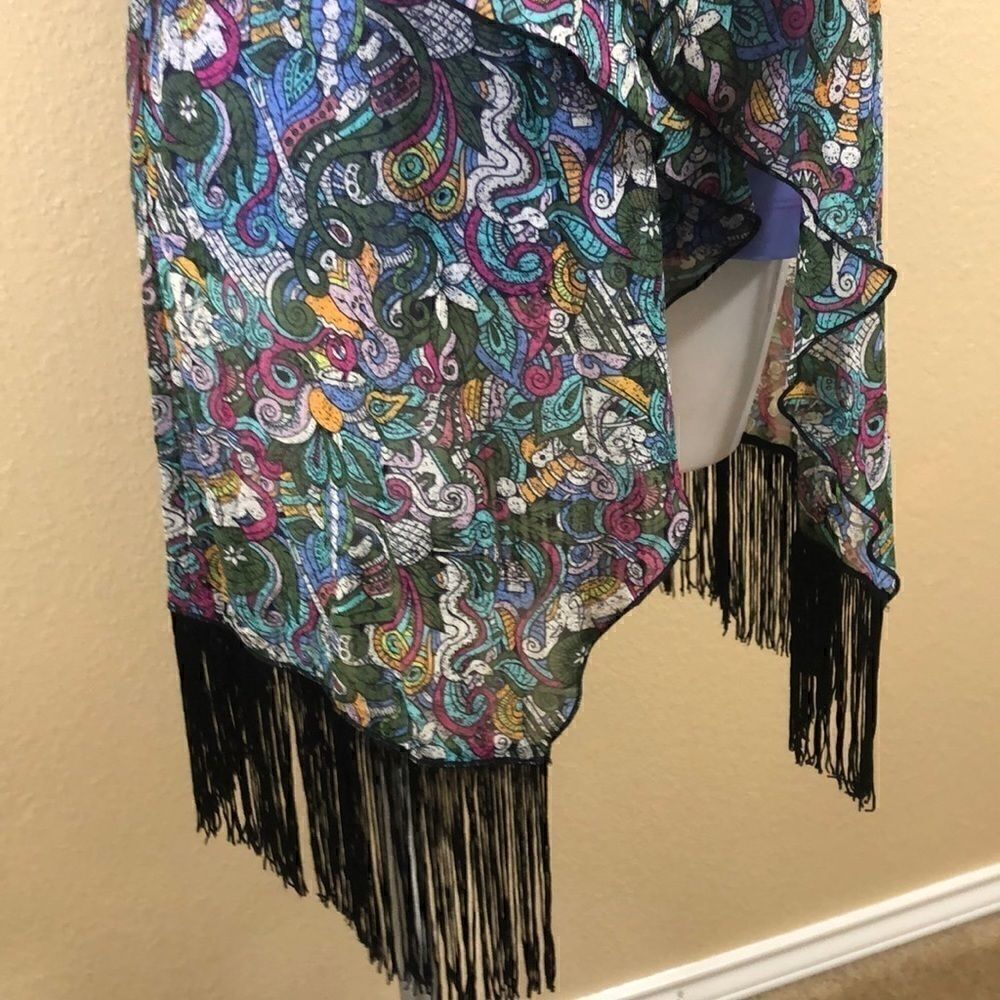 Lularoe green purple short sleeve open kimono - Picture 3 of 9